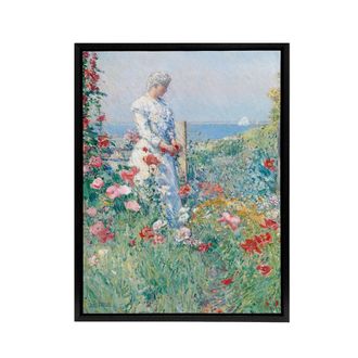 Artery8 Celia in Her Garden Floral Portrait Hassam Framed Canvas Wall Art | Size: W24 x H32