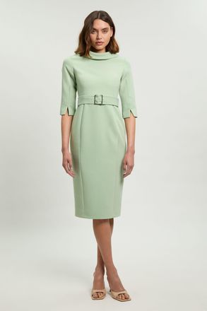 Karen Millen Womens Tailored Roll Neck Pencil Midi Dress - Green Cotton - Size 18 UK