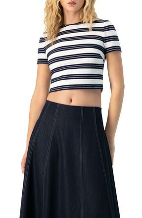 Ivonne Striped Short Sleeve Round Neck Crop Top in Navy Blue at Nordstrom, Size 14