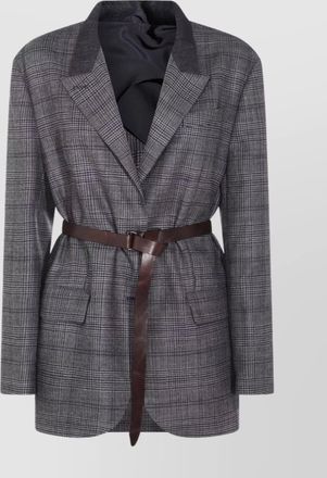 Brunello Cucinelli waist belted checkered pattern blazer