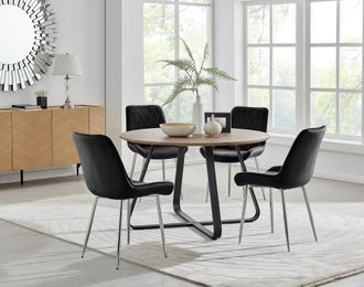 Furniturebox Santorini Brown Round Dining Table & 4/6 Pesaro Silver Leg Chairs in Black