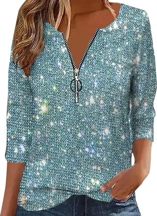 Generic Sparkly Sequin Shirts Top Large Sizes 3/4 Sleeve Length 1/4 Zipper V-Neck Pleated Sexy Blouse Casual Long Navel Colour Tops Women Collar Sequins Women