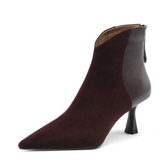 Generic Womens Suede PU Leather Mix Ankle Boots Pointed Toe Slim Stiletto Heels Side Zipper Contrast Panel Soft Lining Cushioned Insole Durable Outsole,Brown,
