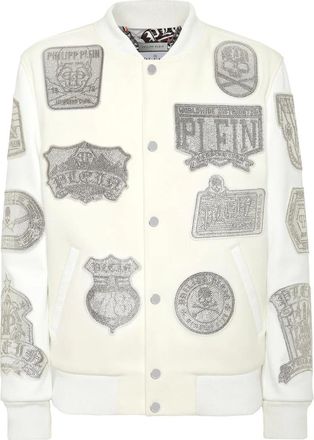 Philipp Plein Jassen, Heren, Wit, XL, Leer, Crystal College Bomber met leren mouwen en patches