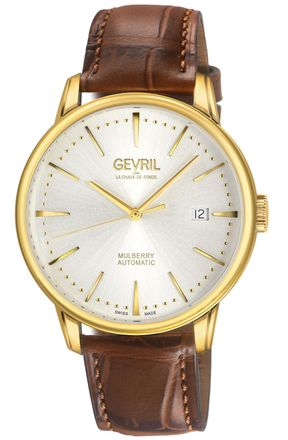 Gevril Group Mens Mulberry IPYG Case, Silver Dial with embossed textured, Brown Handmade Italian Leather Strap. - One Size