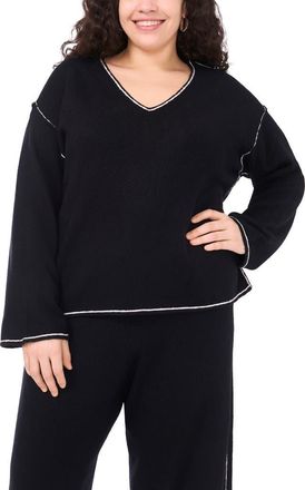 Vince Camuto Tipped V-Neck Sweater in Rich Black at Nordstrom, Size 1X