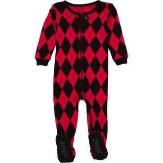 Leveret Footed Printed Cotton Matching Family Holiday Pajamas, Argyles & Holiday Prints in Argyle Black & Red at Nordstrom, Size 18-24M