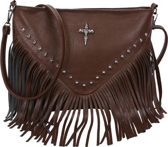 Generic Women PU Studded Tassel Shoulder Bag Large Capacity Fashionable Crossbody Bag Adjustable Strap Vintage Small Handbag for Outdoor Travel (Coffee)