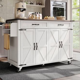 Merax Mobile Kitchen Island Cart with Folding Top, Spice Rack, Towel Rail in White