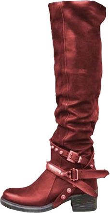 Generic Womens Winter Leather Punk Style Knee Boots Vintage Stud Zip Belt Buckle Plus Size Boots