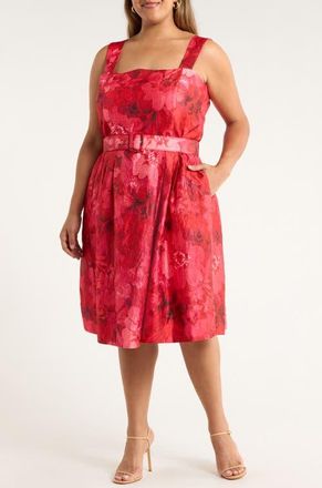 Tahari by ASL Floral Print Crinkle Belted Dress in Crimson at Nordstrom, Size 16W