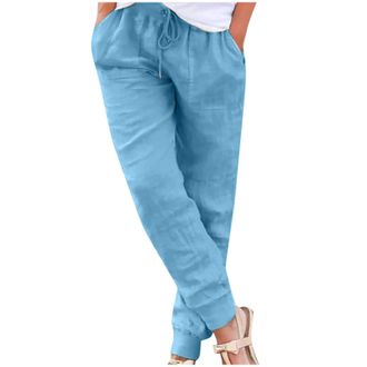 Generic Womens Trousers Elasticated Waist Lightweight Pocketed Cuffed Plain Bottoms Straight Casual Comfy Cotton Linen Pants with Drawstring Summer Beach Pant
