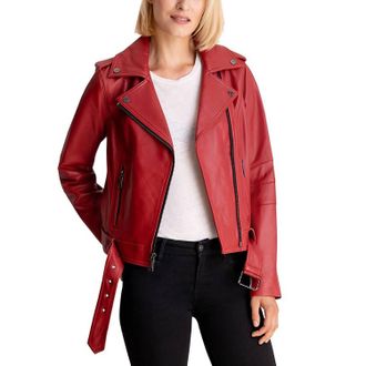 Michael Kors Moto Belted Zip Up Leather Jacket In Scarlet