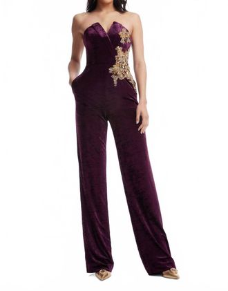 Dress The Population Beck Sequin Strapless Velvet Jumpsuit In Deep Plum