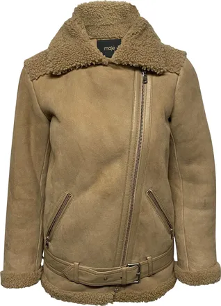 Maje Gombery Shearling Jacket in Beige Suede