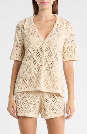 Elan Sheer Open Stitch Cover-Up Button-Up Shirt in Natural at Nordstrom, Size X-Small