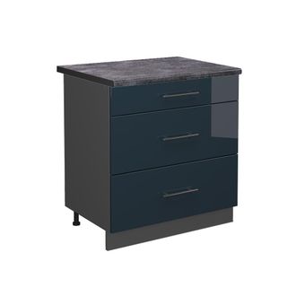 Vicco Mueble Bajo De Cocina Fame-line, Azul Oscuro Alto Brillo, 80 Cm Con 3 Cajones, Et Antracita