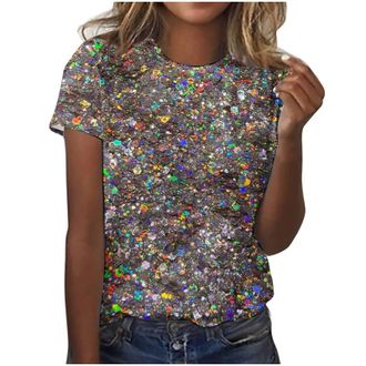 Generic Sequin Top for Women UK Sparkly Glitter Blouse Shiny Party Night Club Tunic Tops Elegant Short Sleeve Crew Neck Dressy Tee Ladies Baggy Loose T Shirt 