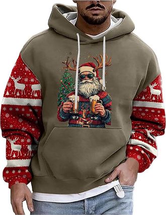 Generic Mens Christmas Hoodie Sweatshirt Mens Christmas Print Hooded Long Sleeve Hoodies Top Funny Christmas Jumpers Santa Festive Sweatshirt Xmas Party Hoode