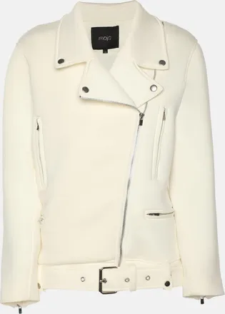 Maje White Neoprene Belted Biker Jacket