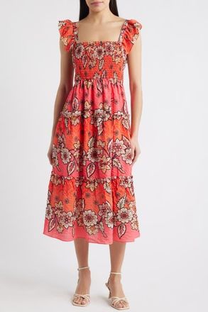 Vince Camuto Floral Print Smock Midi Dress in Pink Multi at Nordstrom, Size X-Small