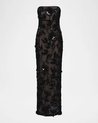 Rachel Gilbert Pierre Strapless Embroidered Tulle Column Gown