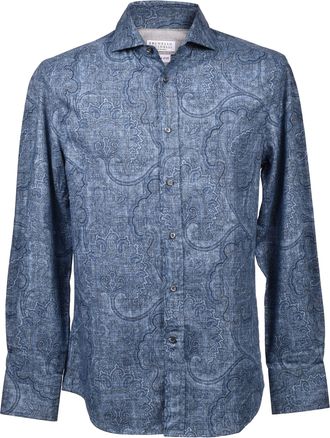 Brunello Cucinelli Blue Cotton Pattern Mens Shirt