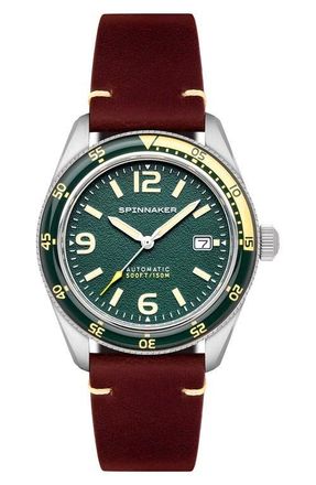 Spinnaker Fleuss Automatic Leather Strap Watch, 43mm in Green at Nordstrom