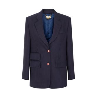 Elisabetta Franchi Gestreepte blazer van fresco-wol - Dames - Jassen - Blauw - Maat: L Wol