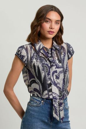 Karen Millen Womens Mono Floral Printed Studded Blouse - Monochrome Multi Linen - Size 16 UK
