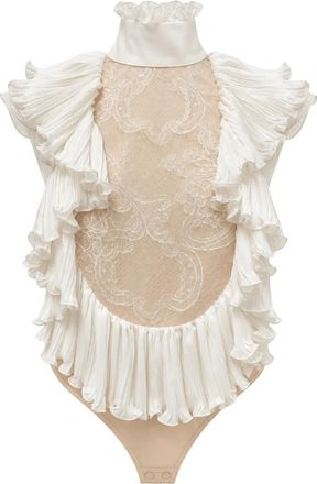 Elisabetta Franchi Bodysuit in Georgette en Kant - Dames - Bodies - Wit - M - Polyester - Tops