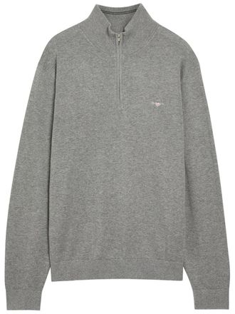 GANT Logo-embroidered Quarter-zip Cotton Jumper - Dark Grey - Xxl