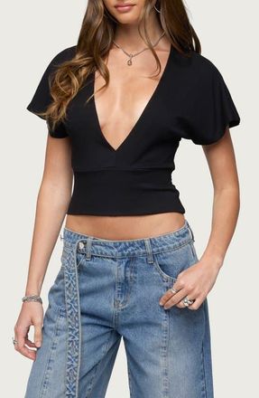 Edikted Mundy Deep V-Neck Crop Top in Black at Nordstrom, Size X-Small