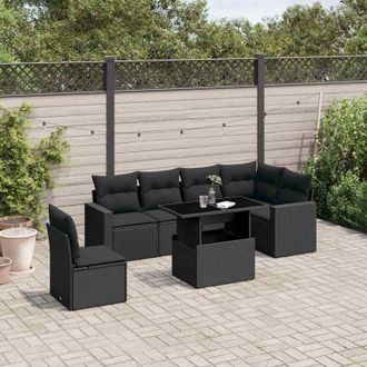 vidaXL Set De Sof&aacute;s De Jard&iacute;n 7 Pzas Con Cojines Rat&aacute;n Sint&eacute;tico Negro Vidaxl