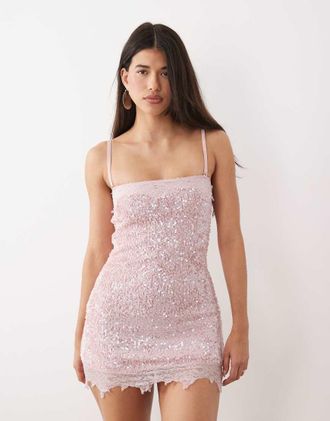 South Beach Vestito corto rosa chiaro con paillettes e finiture in pizzo