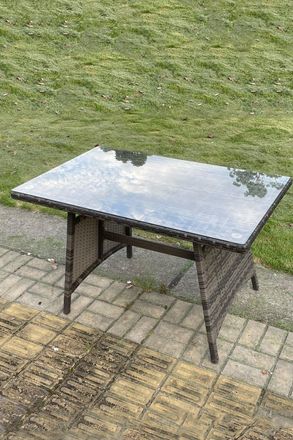 Fimous PE Rattan Dining Table With Clear Tempered Glass in Dark Grey