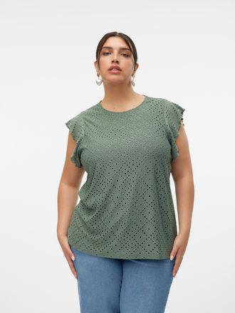 Vero Moda Curve Spitzenshirt VERO MODA CURVE VMCTASSA SL FRILL TOP NOOS CUR, Damen, Gr. XL, laurel wreath, Jersey, Obermaterial: 95% Polyester, 5% Elasthan, unifarben