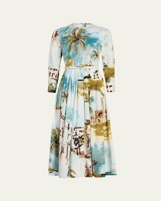 Oscar De La Renta Long-Sleeve Landscape-Print Cotton Poplin Midi Shirtdress With Belt
