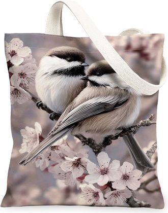 Generic Spring Floral Canvas Tote Bags, Bird Blossom Pattern Reusable Grocery Bags, Vintage Elegant Lightweight Washable Shoulder S, Peach, 13x15 Inch