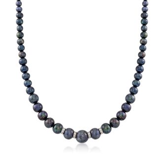 Ross-Simons 5-11.5mm Graduated Black Cultured Pearl Necklace With. Diamonds and Sterling Silver