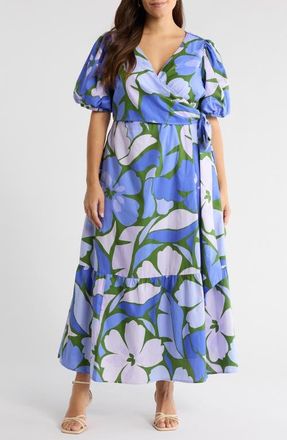 Sugarlips Dayana Floral Puff Sleeve Cotton Poplin Wrap Midi Dress in Green-Blue at Nordstrom, Size 2 X