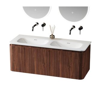 Royal Plaza Terra Badkamermeubelset - 120x46.2x46cm - solid surface wastafel wit mat - 2 wasbakken - zonder kraangaten - 2 lades - kastanje (walnoot)