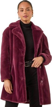 Roman Womens Petite Longline Pocket Fur Coat - Wine - Size 14 UK