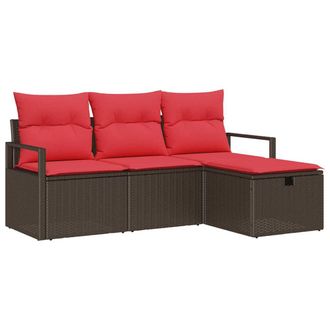 vidaXL Juego De Sof&aacute; Con Coj&iacute;n 4 Pcs Marr&oacute;n Y Rojo Rat&aacute;n Sint&eacute;tico Vidaxl