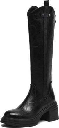 Generic Womens Round Toe Knee High Boots PU Leather Knight Boots with Zipper Block Heel Casual Long Boot,Black,6.5 UK