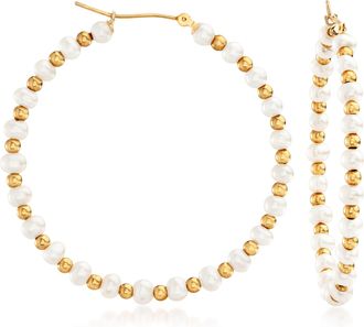 Ross-Simons 3-4mm Cultured Pearl Hoop Earrings in 14kt Yellow Gold