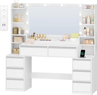 OEM Toeletta Trucco Con Specchio, Toeletta Con Led E Prese, Grande Tavolo Da Trucco Con Supporto Per Asciugacapelli, 8 Cassetti E Ripiani Aperti, Moderno,