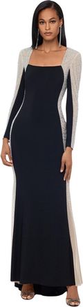 Xscape Womens Floor-Length, Square Neck, Stretch Knit Dress, with Caviar Beaded Long Sleeves (Reg &(Petite) Special Occasion, Black Nude Silver, 10