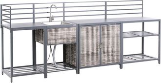 Beliani Conjunto De Cocina Exterior De 4 Piezas De Aluminio Y Rat&aacute;n Sint&eacute;tico Armario Isla Con Fregadero Gris Mirador