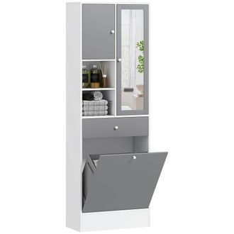 OEM Armario De Ba&ntilde;o Con Cesto Ropa Sucia Espejo Caj&oacute;n Compartimentos Y Estantes Ajustables 62x28,3x181 Cm Blanco Y Gris